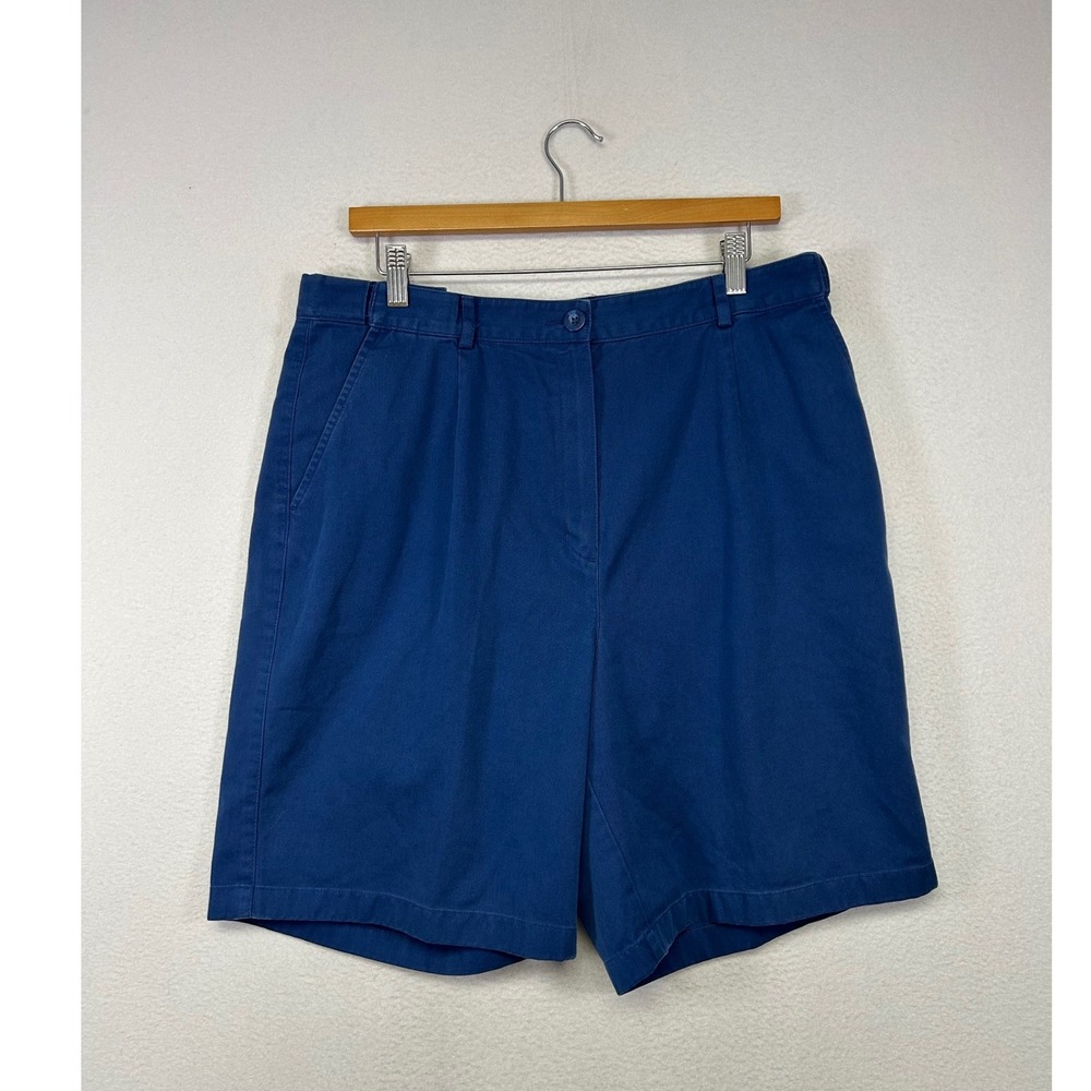 Preppy L.L.Bean Women 16 Blue High Rise Pleated Cotton Chino Shorts Original Fit